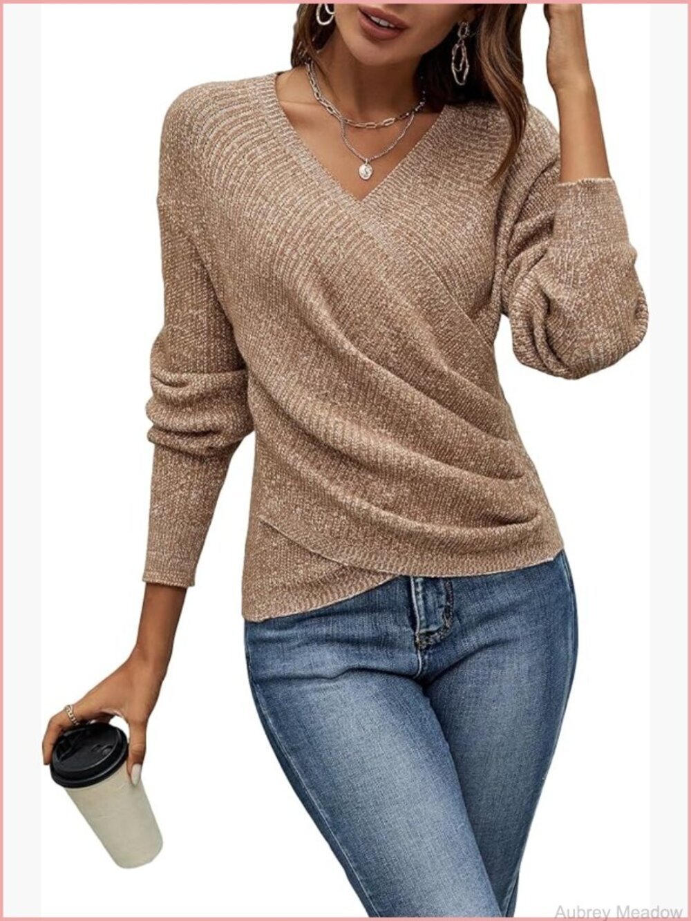 V-Neck Long Sleeve Off Shoulder Criss Cross Wrap Ruched Pullover Sweater